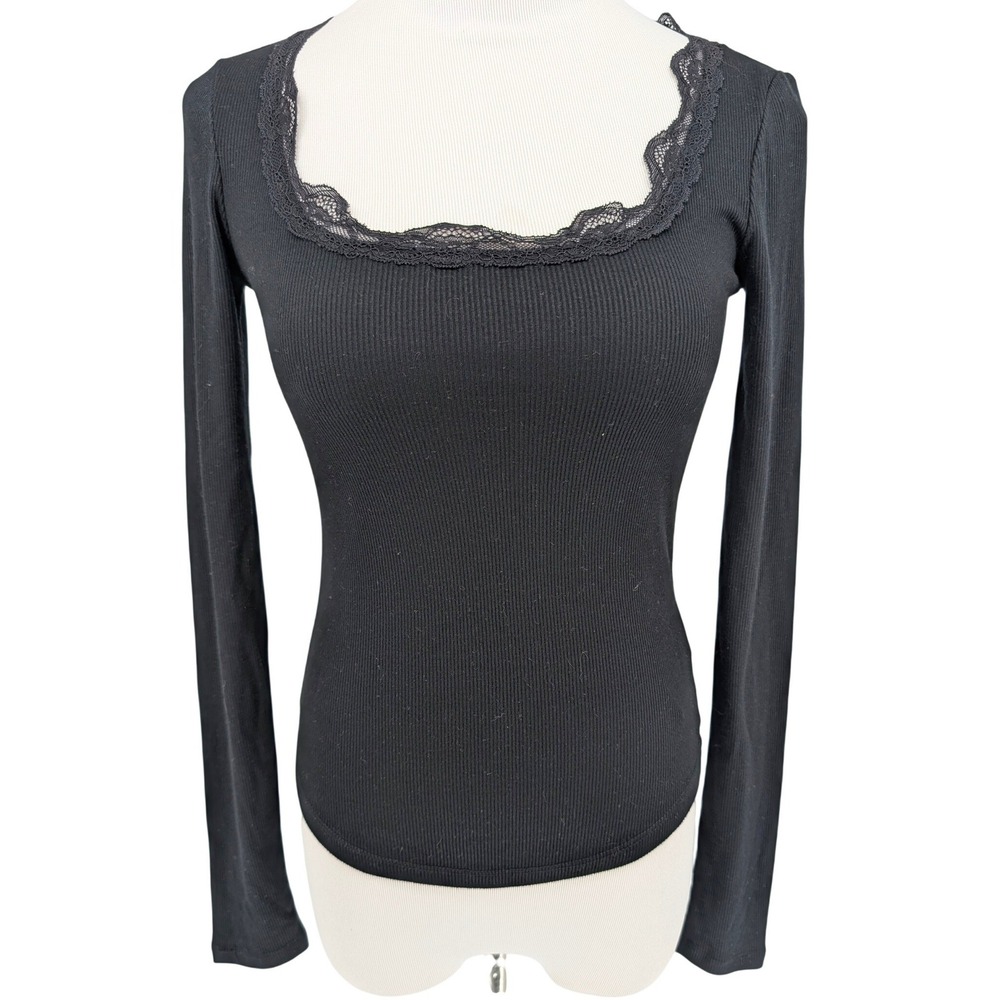 GapBody Baby Rib Lace Ballet Top Women XXS Black Long Sleeve Square Neck Ribbed